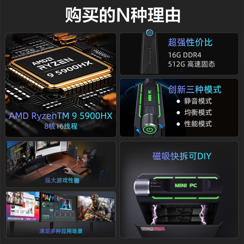 AOC Mini迷你主机小苔藓M9锐龙办公家用微小型便携HTPC台式电脑-图0