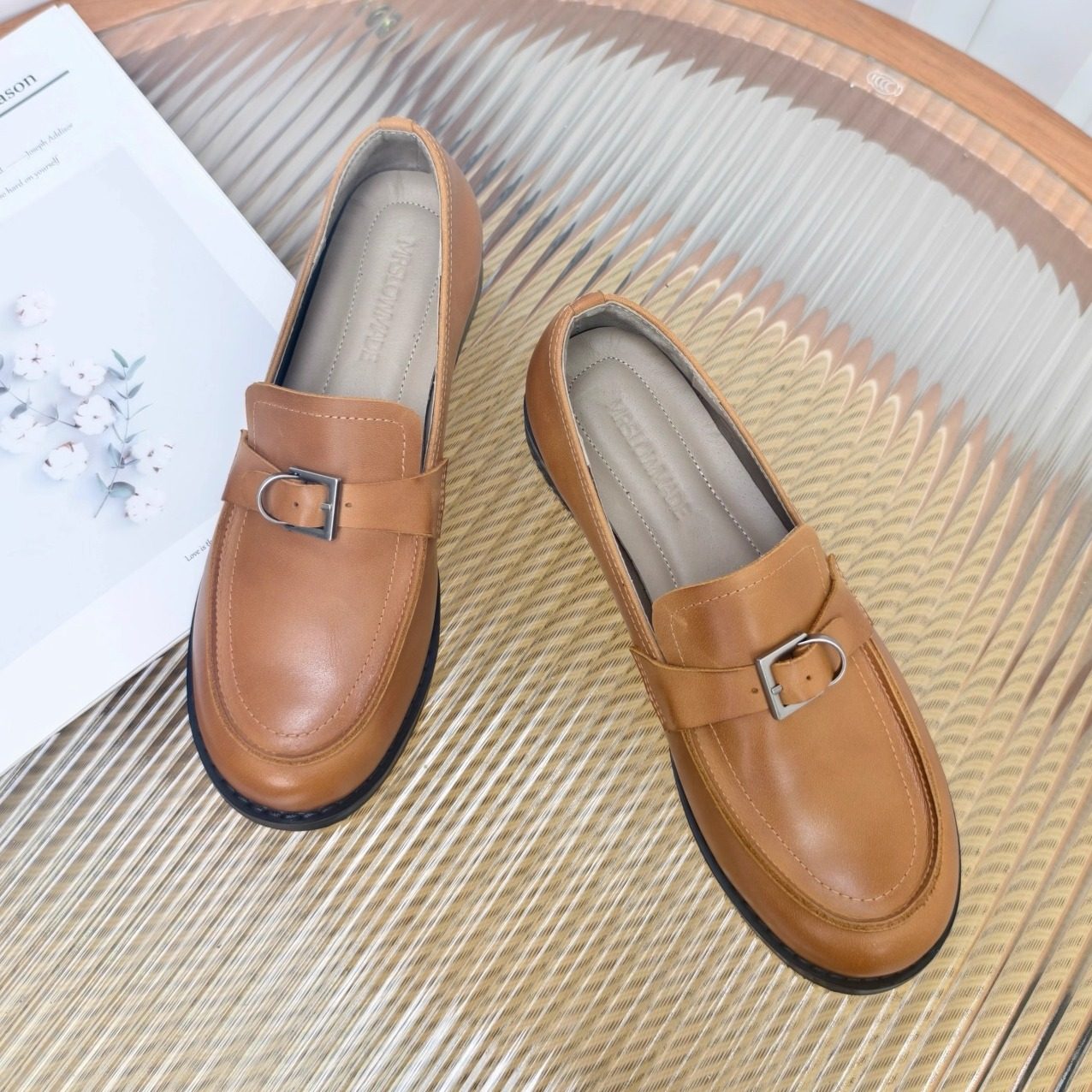 慢先森 真皮金属扣乐福鞋女英伦风一脚蹬圆头低跟小皮鞋 322-7,淘宝优惠券,粉丝福利购,淘宝优惠卷