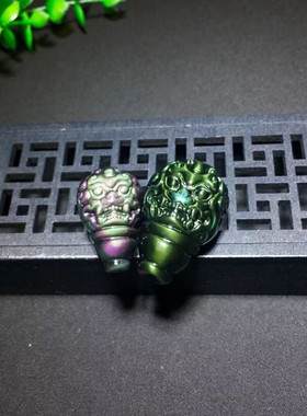 天然彩虹眼黑曜石双面貔貅三通