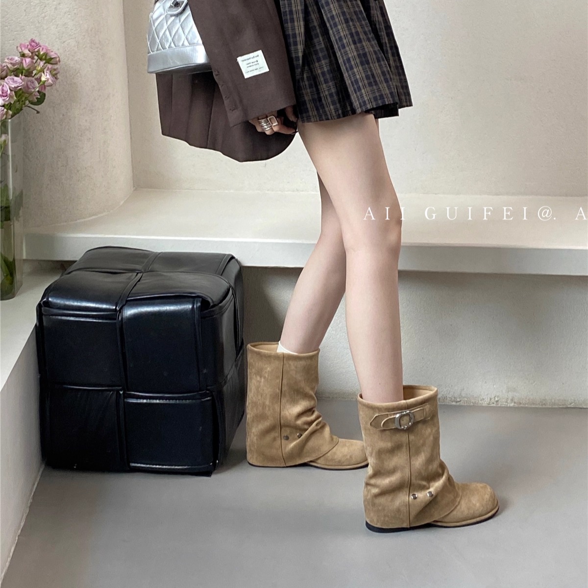 辣妹时尚复古显瘦堆堆靴女高级感短靴圆头粗跟中筒靴皮带扣裤管靴 - 图2