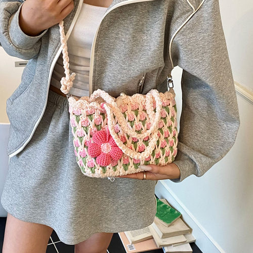 手工编织花朵小方包女2026新款气质大容量钩针编织单肩包斜挎包 - 图0