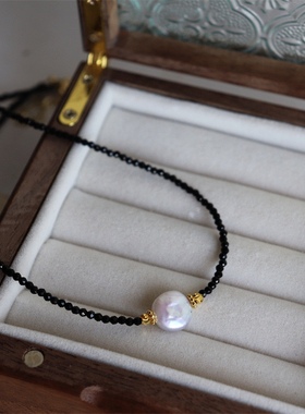 巴洛克异形淡水珍珠玉石项链高级感轻奢小众设计感黑色百搭锁骨链