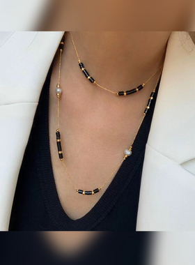 新款爆款黑曜石仿珍珠拼接长款毛衣链女时尚大气高级感项链