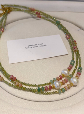 小清新绿豆沙橄榄石切面淡水珍珠串珠简约气质极细水晶项链锁骨链