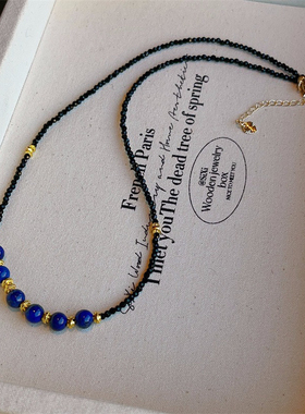 天然青金石拼接项链简约锁骨链复古大气高级感黑色尖晶石串珠颈链