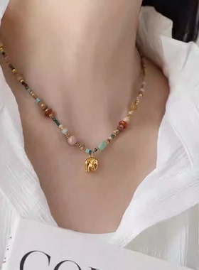 小象吊坠彩色天然石串珠项链