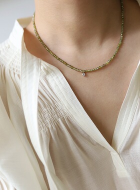 复古小众橄榄绿锆石串珠项链