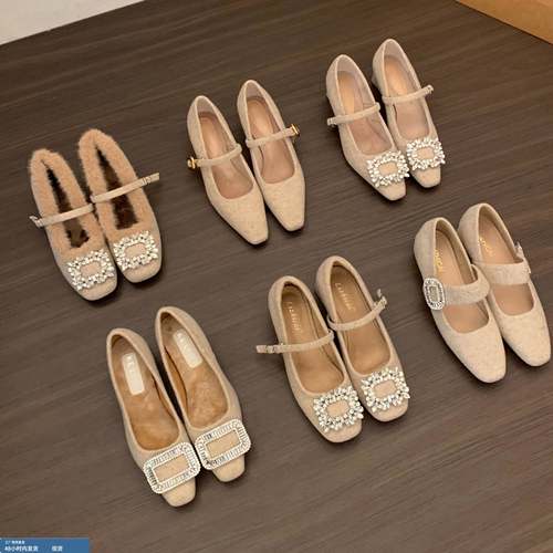 秋冬配裙子保暖加绒玛丽珍鞋水钻单鞋粗跟高跟鞋法式鞋女鞋毛毛鞋 - 图1