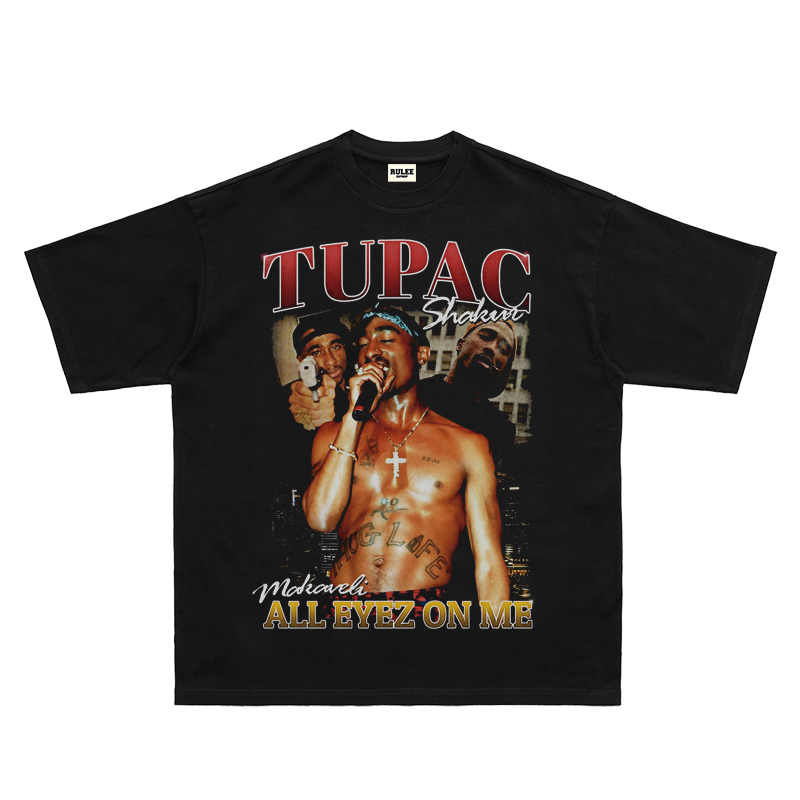 2PAC图派克Tupac西海岸Vintage嘻哈短袖街头人像复古饶舌T恤美式-图3