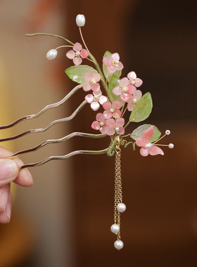 古风仙气粉色花朵发簪汉服头饰品