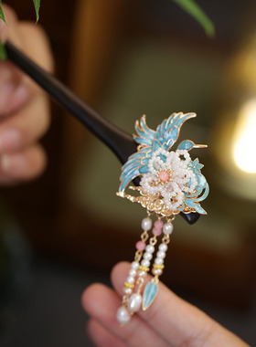 池鸢新中式仙鹤花朵檀木簪子发饰