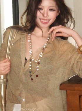 法式复古彩色水晶玛瑙串珠项链轻奢高级感时尚百搭气质毛衣链颈链