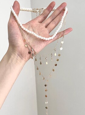 金色亮片流苏Y字型项链女轻奢多层叠戴珍珠锁骨链优雅颈间配饰潮