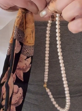 韩系珍珠碎花丝巾飘带项链女