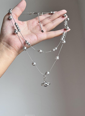 法式清冷感双层灰色珍珠流苏项链女宫廷风微镶星球毛衣链小众配饰