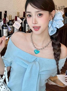 甜酷风蓝色爱心金属圆珠链条项链Y2K辣妹小众设计锁骨链简约颈链