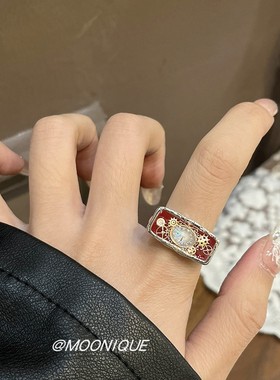 复古红色滴釉珐琅彩滴油戒指女小众设计高级感新年氛围感食指戒子