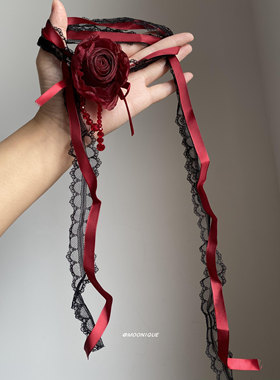 暗黑风酒红色玫瑰花蕾丝花边项链甜酷哥特风choker锁骨链颈链配饰