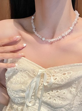 不规则天然海蓝色碎石淡水珍珠项链韩系ins清凉感百搭锁骨链颈链