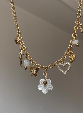 古着vintage白色花朵闪钻爱心流苏项链女复古小众锁骨链百搭颈链