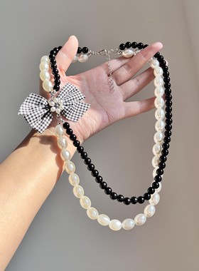 甜美时尚珍珠蝴蝶结串珠项链小香风高级感双层小众百搭锁骨链配饰
