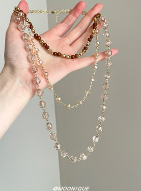 vintage中古透明水晶串珠项链女多层叠戴高级感长款毛衣链颈链潮