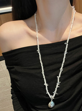 复古设计感褶皱贝壳吊坠项链女