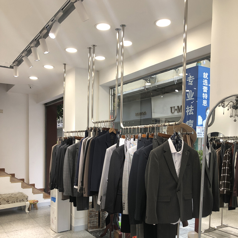 服装店挂衣杆不锈钢带轮子银色中岛落地式陈列架女装店货架展示架-图2