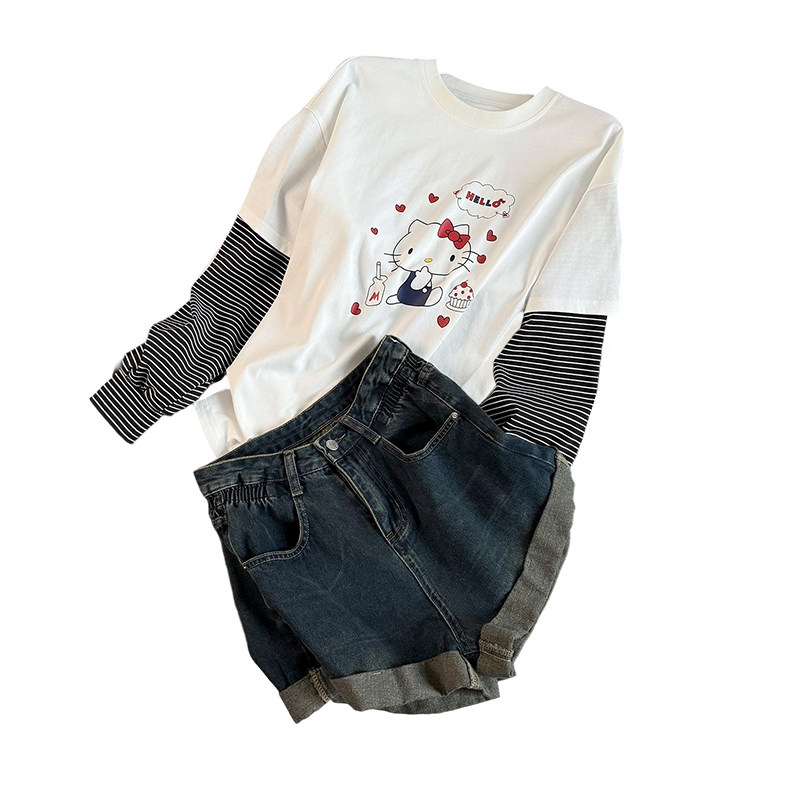 休闲运动套装女早秋新款圆领卡通印花条纹拼接上衣牛仔短裤两件套,淘宝优惠券,粉丝福利购,淘宝优惠卷