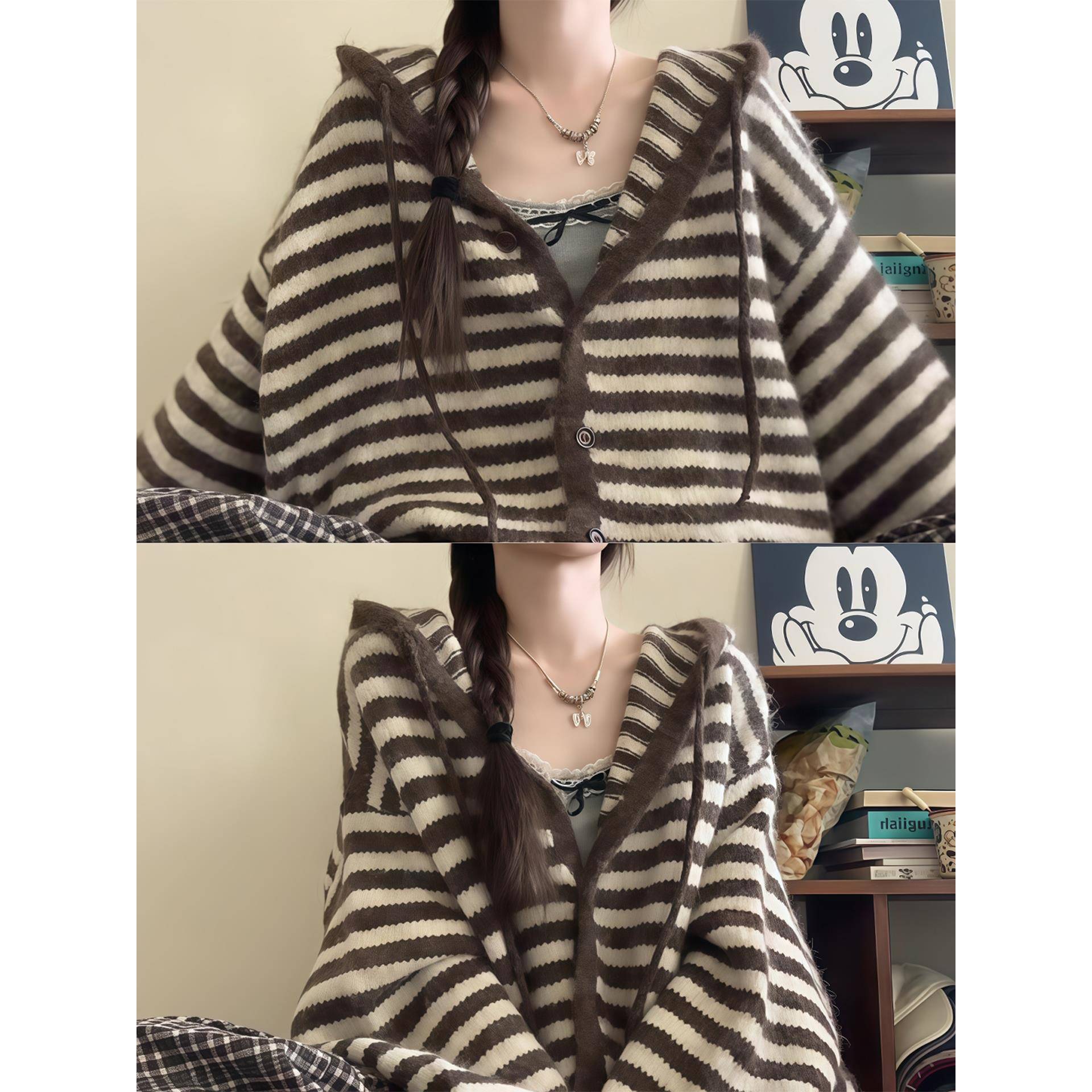 韩系慵懒风咖色条纹连帽毛衣外套女秋冬高级感中长款针织卫衣开衫 - 图1