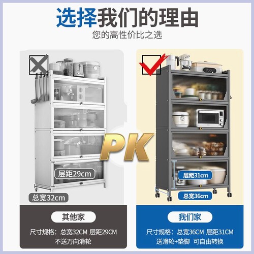 带门置物架厨房柜子储物柜多层落地餐边柜微波炉电饭煲锅具收纳架 - 图1