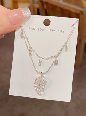 轻奢感镶钻双层叠戴树叶流苏项链