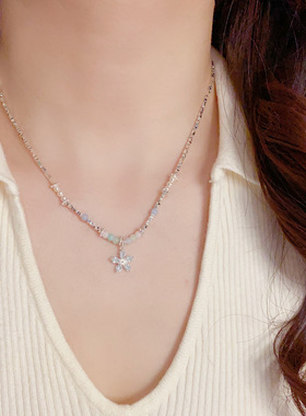 小清新时尚碎银串珠蓝色花朵项链