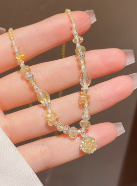 小清新锆石水晶玫瑰切吊坠项链