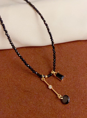 夏季新款黑色水晶流苏项链女复古
