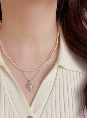 轻奢小众满钻小花篮珍珠双层项链