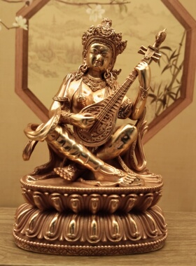 尼泊尔工艺纯紫铜15公分自在观音菩萨佛像摆件家居供奉紫铜精品