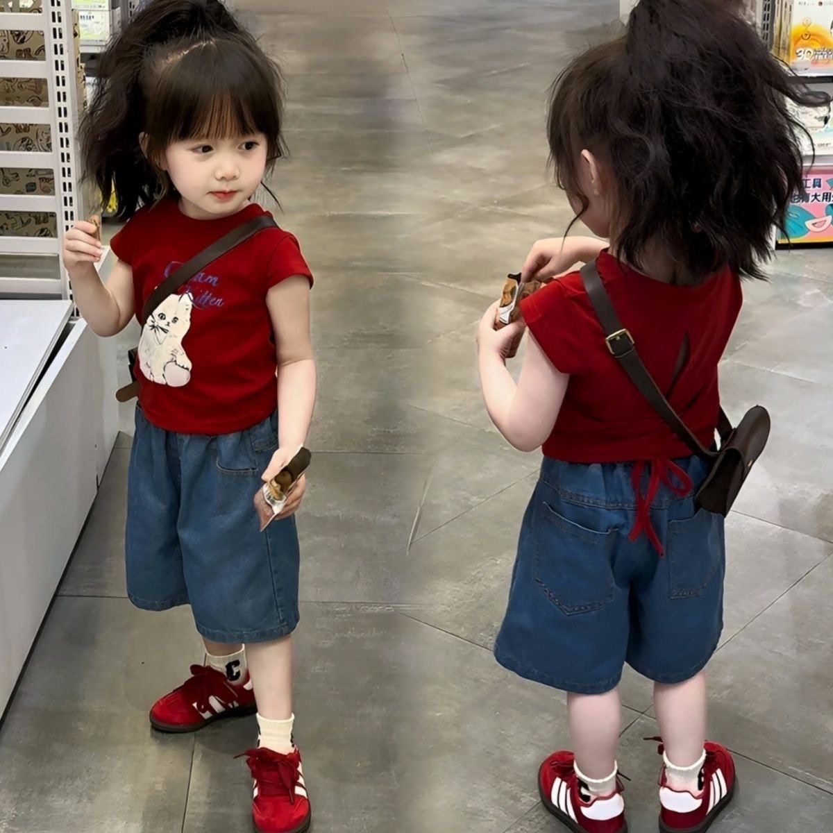 女童夏季套装2026新款儿童洋气时髦短袖T恤牛仔短裤女宝宝两件套,淘宝优惠券,粉丝福利购,淘宝优惠卷