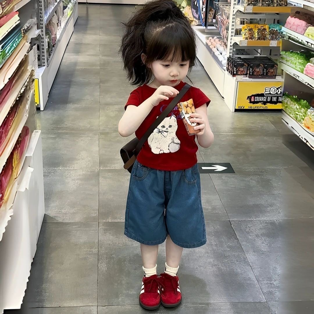 女童夏季套装2026新款儿童洋气时髦短袖T恤牛仔短裤女宝宝两件套,淘宝优惠券,粉丝福利购,淘宝优惠卷