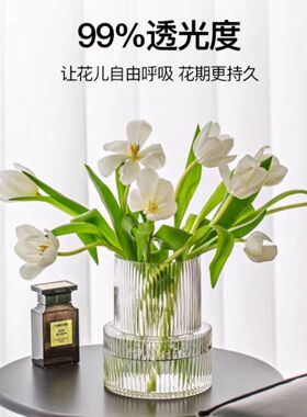 透明创意玻璃花瓶竖纹火炬扁缸