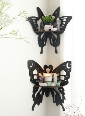 跨境新款黑色木质镂空蝴蝶水晶收纳置物架 简约民宿家居墙壁装饰