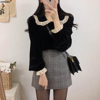 Lace Lapel Long Sleeve Velvet Shirt Lace Lapel Long Sleeve Velvet Shirt