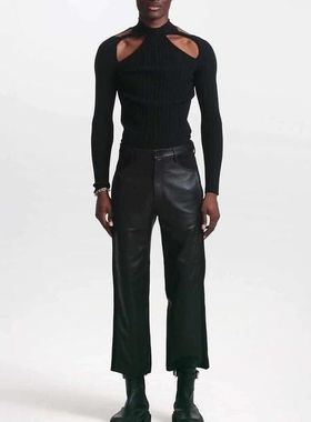 2022新款欧美修身性感黑色长袖t恤男士时尚纯色镂空Men's T-S