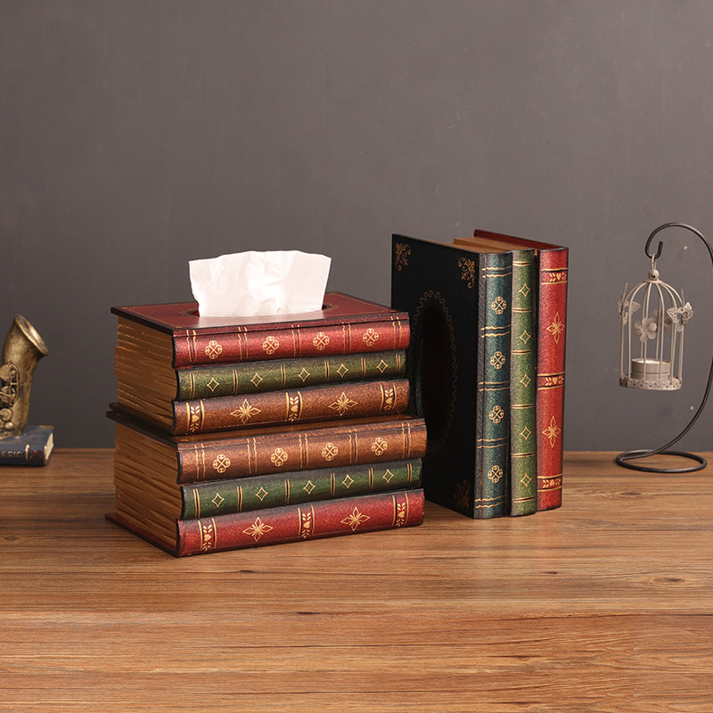 美式木质复古书本纸巾盒桌面纸抽盒创意抽纸筒轻奢纸巾桶餐巾盒子,淘宝优惠券,粉丝福利购,淘宝优惠卷