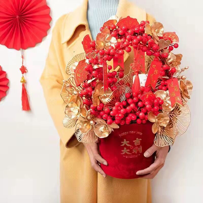 新年福桶插花红色送礼过年diy材料盆栽挂件摆件银柳年宵花抱抱桶_虎窝淘
