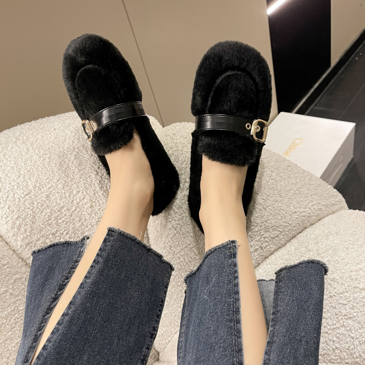 洋气毛毛鞋女外穿2025秋冬新款韩版平底一脚蹬豆豆鞋保暖加绒棉鞋,淘宝优惠券,粉丝福利购,淘宝优惠卷