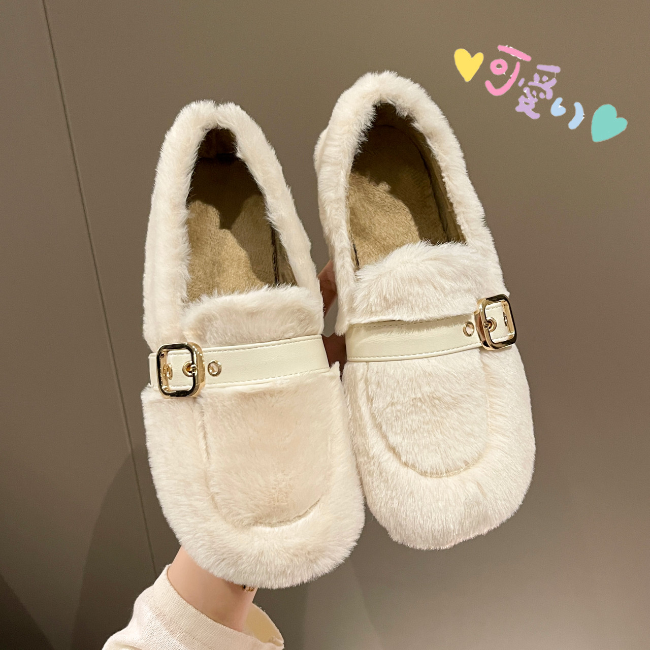 洋气毛毛鞋女外穿2025秋冬新款韩版平底一脚蹬豆豆鞋保暖加绒棉鞋,淘宝优惠券,粉丝福利购,淘宝优惠卷