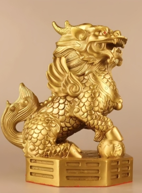 纯黄铜八卦麒麟摆件火公母一对玄关客厅阳台办公桌室招财天斩反弓