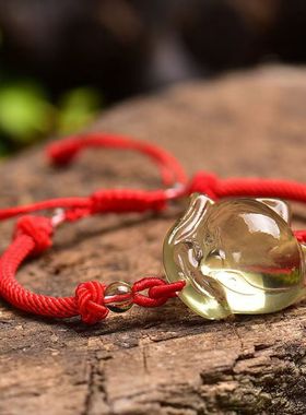 天然黄水晶狐狸手链青丘洞萌狐招财桃黄水晶大头狐手工编花男女款