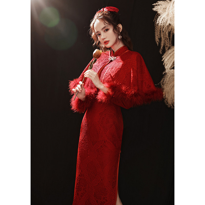 敬酒服新娘气质加绒加厚长袖披肩 珑莉旗袍